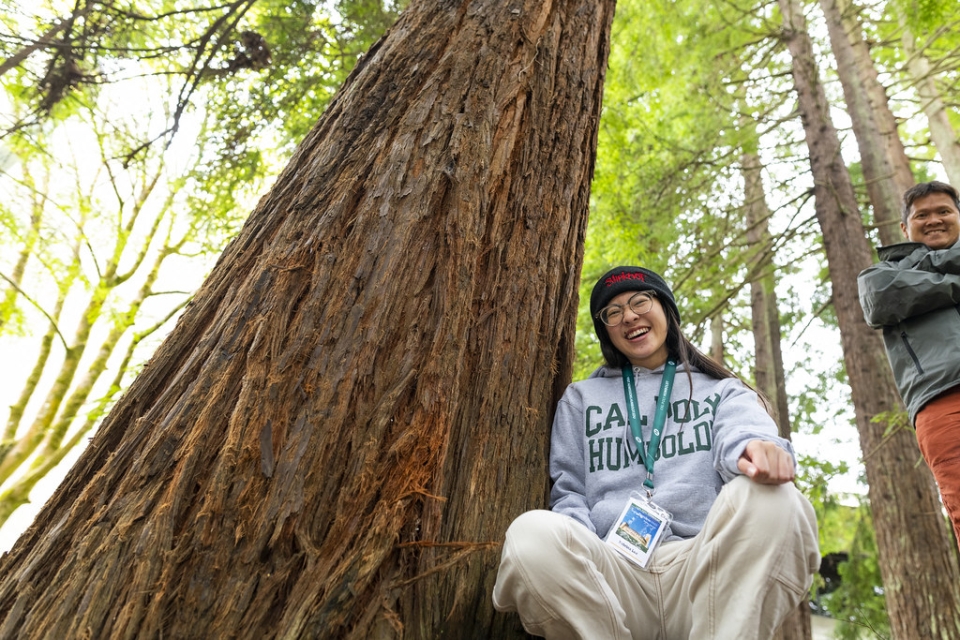 A photo of someone leaning against a redwood smiling on the Cal Poly Humboldt campus