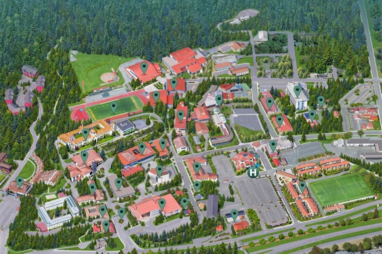 Birdseye view of the campus and buildings
